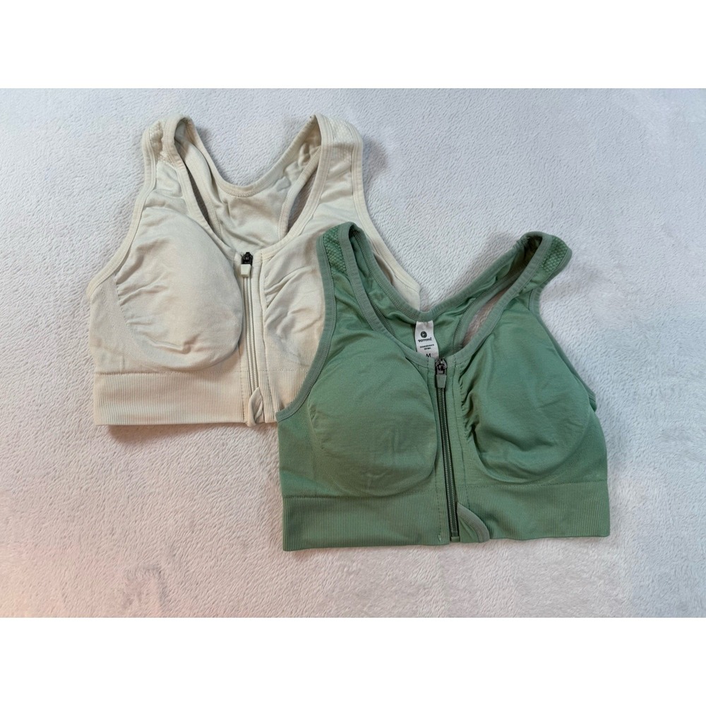 90 Degree by Reflex Zip Front Sports Bra Set of 2‎ Green & White Size M Athletic